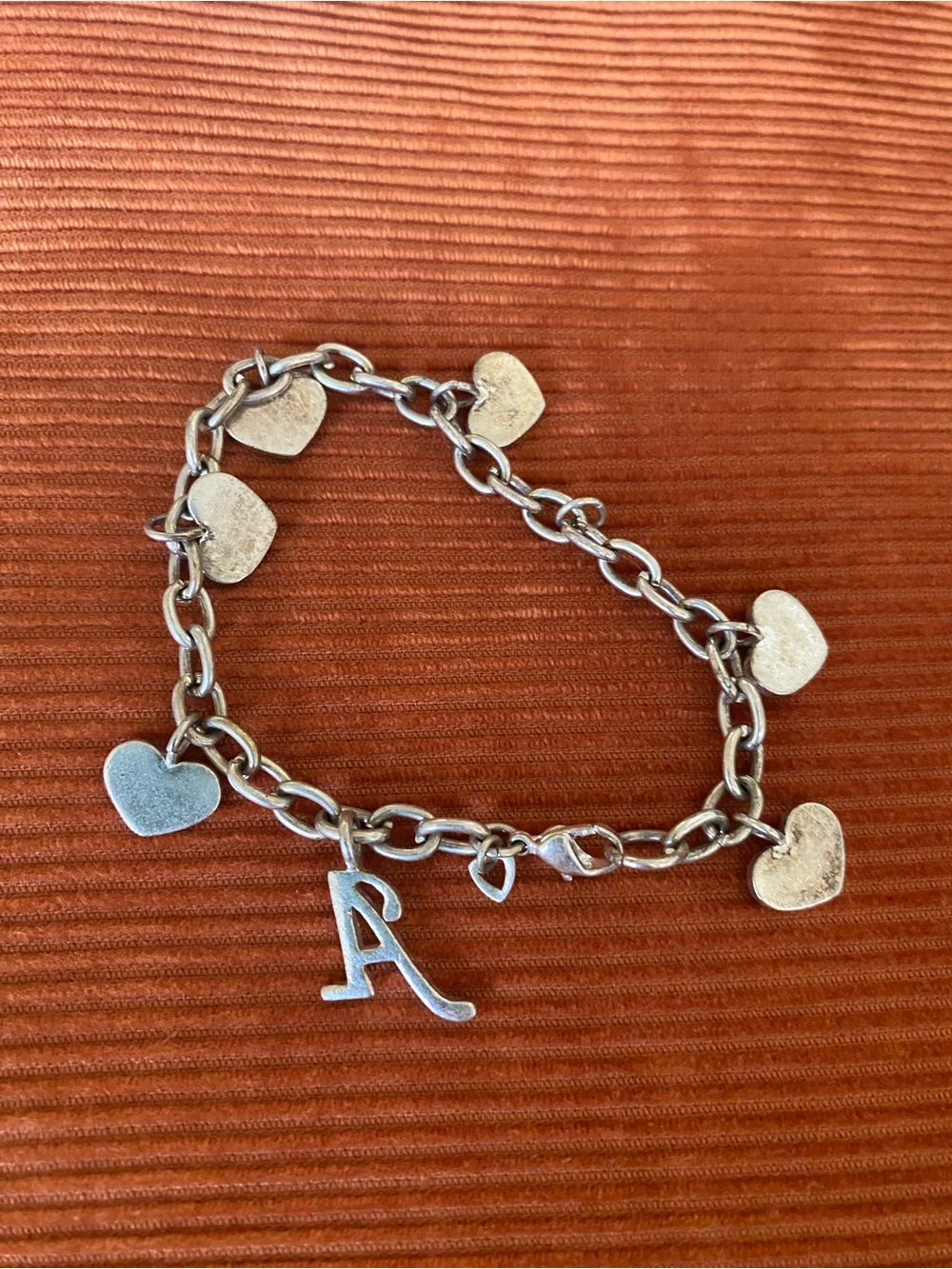 Vintage Silver Heart Charm Bracelet with 'A' Initial